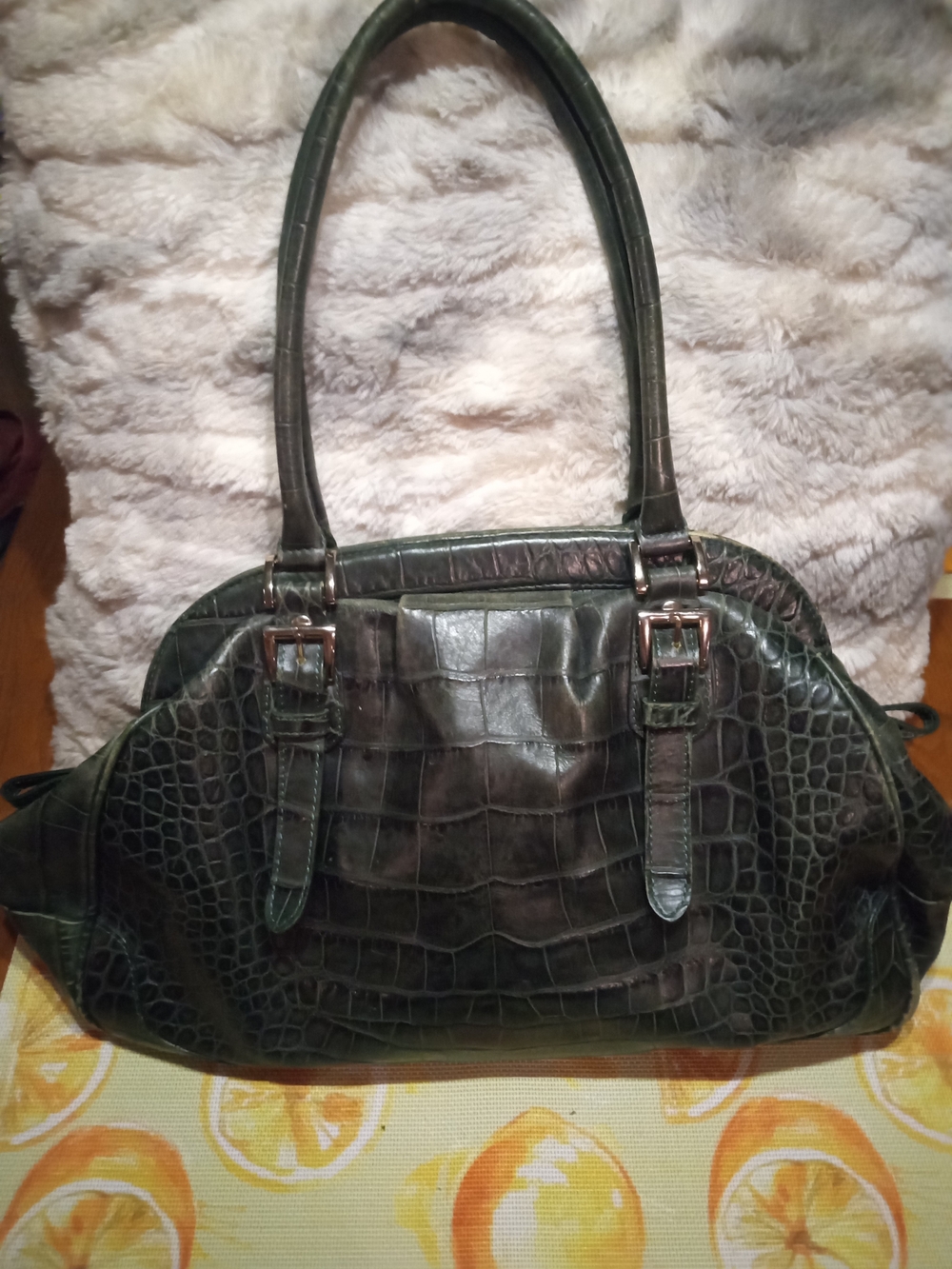 Danier Dark Green Croc-Embossed Shoulder Tote